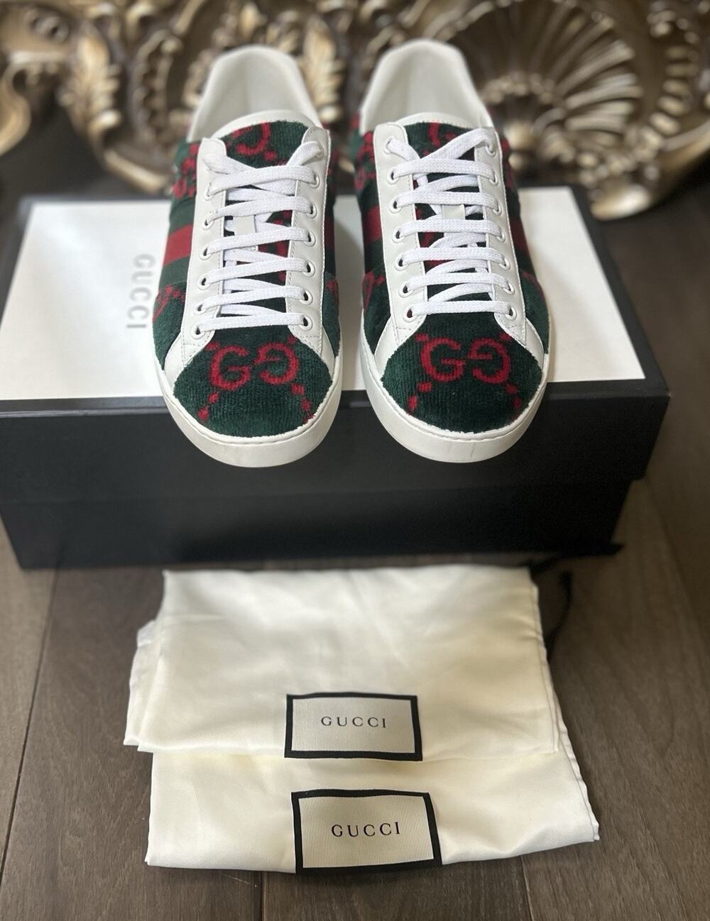 Authentic GUCCI Ace GG Terry Cloth Sneakers Monogram Low-Top GG 7 (US 8) 576177